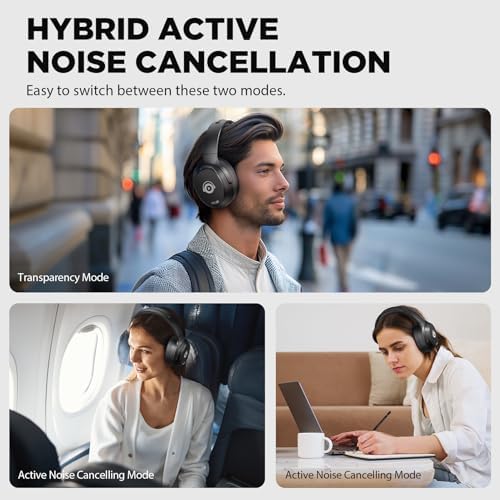 Revolutionary Bluetooth Over-Ear Headphones with Advanced Hybrid Active Noise Cancelling and Smart Transparency Mode – Dive into Rich Deep Bass Sound, Engineered for Ultimate Comfort and Extended 40-Hour Playtime, Ideal for Frequent Travelers and Remote Professionals (Sleek Black Design) – Superior Connectivity and Rapid Performance for Uninterrupted Listening Experiences