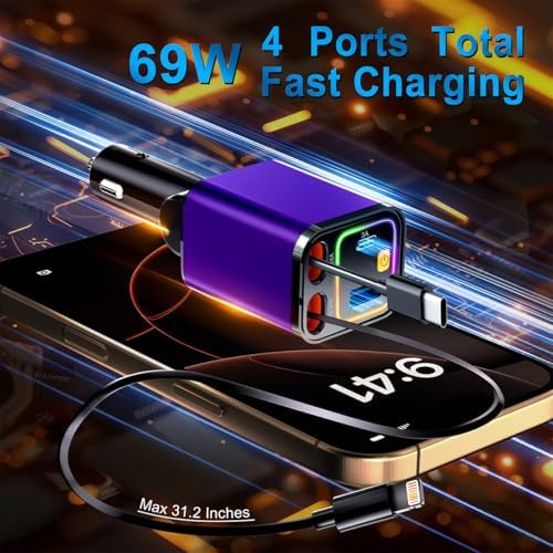 Revolutionary 2025 Micro-Version 4-in-1 Retractable Car Charger – 69 W Fast Charging USB C Adapter for i Phone 16/15/14/13, Samsung Galaxy, i Pad, Pixel – Ultimate Convenience with Tangle-Free Design and Enhanced Compatibility for All Your Devices