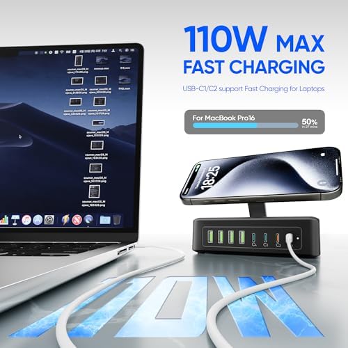 11-in-1 USB C Power Strip Charging Hub by ACOZVIN – 115 W Multi-Device Fast Charger with 2 AC Outlets, 4 USB-A & 4 USB-C Ports, 5 FT Flat Plug Cord for Mac Book, i Phone 16/15/14 – Ideal Desktop Solution for Home & Office Power Needs