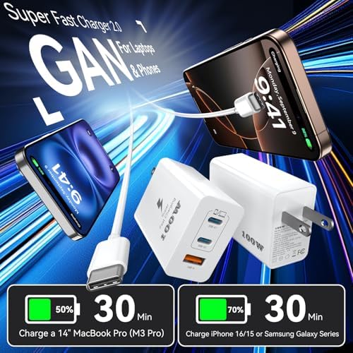 Power Up Your Devices with the 100 W USB-C Fast Charger Block – Ultimate Dual Pack for Mac Book Pro/Air, i Phone 16/15 Pro Max, i Pad & Tablets – Includes 10 FT Type-C Cable for Enhanced Convenience and Rapid Charging – Compact, Lightweight Design for Travel – Ideal for Professionals and Students Seeking Efficiency and Reliability
