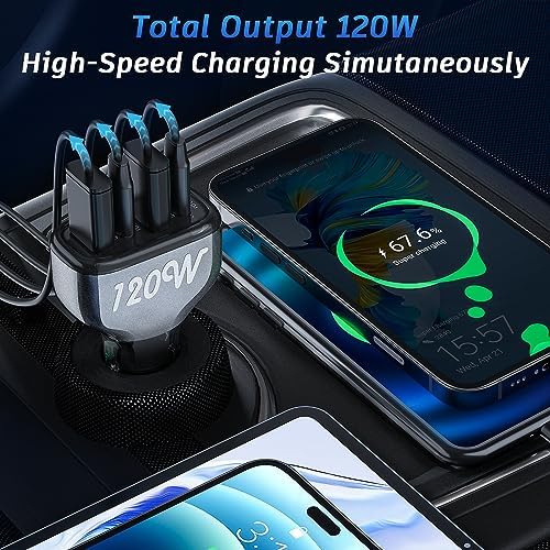 SONRU 120 W USB C Car Charger – 4-Port Fast Charging Adapter with Dual PD 60 W & QC3.0 30 W Ports for i Phone 16 Pro Max, Galaxy S23/22, Google Pixel & More – Compact & Reliable Vehicle Charger for Multiple Devices – Safe, Efficient, and Perfect for Road Trips