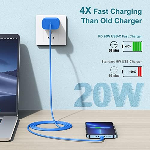 MFi Certified 20 W USB-C to Lightning Fast Charger for i Phone 14/13/12 – 6 FT Durable Cable & Power Delivery Block in Stylish Blue – Ultimate Solution for Rapid Charging of All Apple Devices Including i Pad Pro, XS, XR, 8 Plus – Optimized for Reliability and Speed