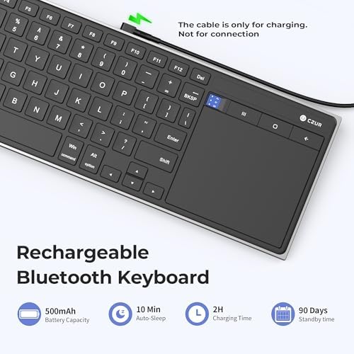Upgrade Your Setup with the CZUR Ultra Slim Rechargeable Bluetooth Keyboard & Touchpad – Wireless Versatility for Mac, Windows, PC, Laptop, Tablet, and Smart TV, Effortless Navigation and Enhanced Productivity for Every Tech Enthusiast