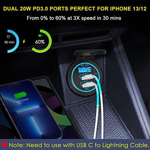 High-Power 58 W USB C Car Charger Socket – Dual 20 W PD3.0 & 18 W QC3.0 Ports for Quick Charging in RVs, Boats, and Motorcycles – Waterproof & Rugged Design with Easy Control Switch for Enhanced Device Compatibility