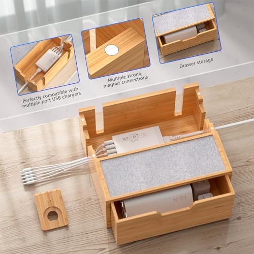 Bamboo Multi-Device Charging Station with 5-Port USB Hub & Drawer – Fast Charging Dock Organizer for Smartphones & Tablets – Eco-Friendly Power Solution with Enhanced Compatibility & Sleek Aesthetics