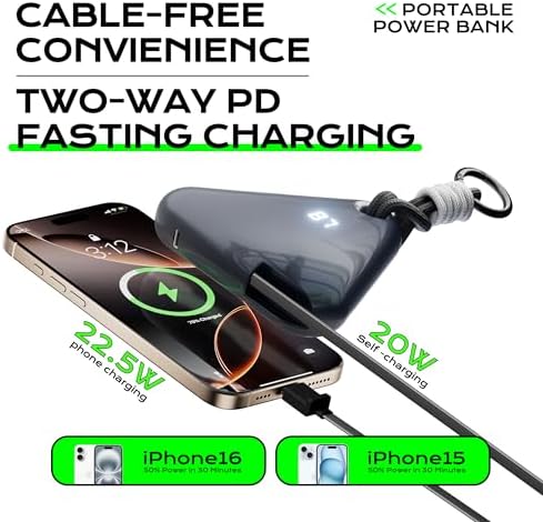 Ultimate Travel Power Bank with Retractable 2.3 ft Cable and Durable Paracord Carabiner – 10000 m Ah Fast Charging Wearable Charger in Stellar Gray, USB-C Compatible for All Devices – Stay Energized on the Go!