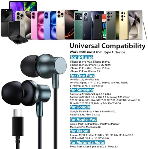 Revolutionary Noise-Canceling USB C Earbuds for i Phone 16 & Galaxy Z Flip Fold 6 – Advanced Wired Headphones Featuring Magnetic In-Ear Design & Integrated Mic for Superior Call Clarity – Universal Compatibility with i Pad, One Plus, Samsung, and Pixel – Exceptional Audio Performance for Music Lovers & Gamers on the Move