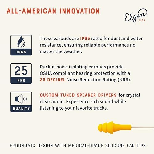 Elgin Ruckus+ OSHA Compliant Earplug Earbuds – 25 d B Noise Reduction Wired Headphones with Built-in Mic for Clear Communication – Sweatproof Design for Construction & Industrial Use – Enhanced Device Compatibility for Seamless Connectivity and Comfort