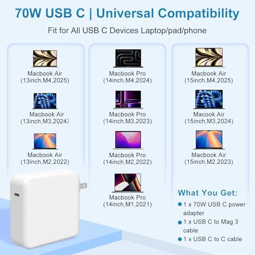 70 W USB-C Mag Safe 3 Fast Charger for Mac Book Air & Pro: Superior Battery Longevity, Overheat Protection, and 6.6 ft Braided Cable for M1-M4 Models | Quick Charge to 50% in 30 Minutes | Premium Durability with 12-Month Warranty Included
