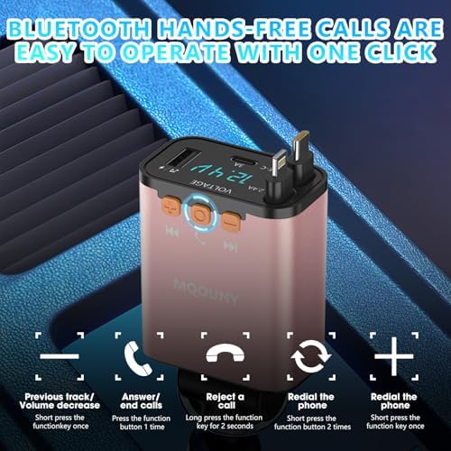Revamp Your Drive with the 5-in-1 Retractable Car Charger: 60 W Fast Charging, Bluetooth 5.3 FM Transmitter, Hands-Free Calling & Integrated MP3 Player – Dual Retractable Cables & USB Ports for Ultimate Connectivity (Purple) – Elevate Your Mobile Experience on the Go!