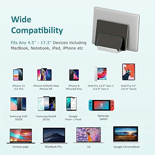 Transform Your Workspace with SPACEMax Premium Vertical Laptop Stand – Adjustable Aluminum Holder for Laptops Up to 17.3” Featuring Advanced Anti-Tip GRIPLock Technology – Versatile 4-Slot Design for Tablets and Phones – Elegant Silver Finish for a Modern Desk Aesthetic – Enhance Your Workflow Efficiency and Posture with Lightweight, Durable Construction