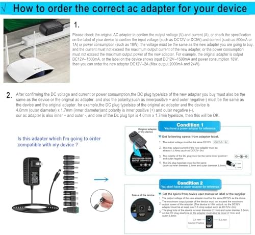 Guan Ting Universal 12 V 2 A Power Supply Adapter – High-Efficiency AC to DC Charger with 8 Interchangeable Tips for Maximum Flexibility – Compact 24 W Converter for Rapid Charging and Enhanced Device Compatibility