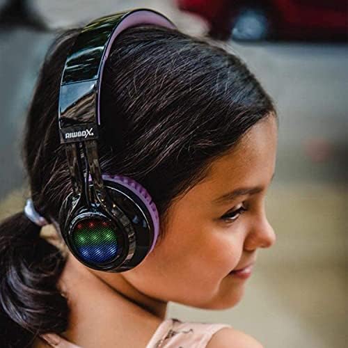 Riwbox AB005 Kids Wireless Headphones – Colorful Over-Ear Bluetooth Headset with Dynamic LED Lights, FM Radio, and TF Card Slot – Ideal Audio Companion for Tablets and TVs, Stylish Black & Pink Design for Young Music Lovers – Fun, Durable, and Safe Sound Solution for Kids