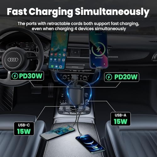 Experience Ultimate Power on the Road: PLDHPRO 80 W Retractable Car Charger – 4-in-1 Fast Charging Adapter with Dual Type-C Cables for i Phone 16, i Pad, and Samsung – Essential Vehicle Accessory for Efficient Charging and Easy Storage – Perfect Gift for Tech Enthusiasts and Travelers
