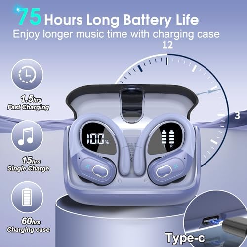 Ultimate Bluetooth 5.4 Wireless Earbuds with 75-Hour Playtime – Ergonomic Deep Bass Sport Headphones with IPX7 Waterproof Rating for Active Lifestyles, Advanced ENC Noise Cancelling Mic for Superior Call Clarity – Ideal for Fitness and Outdoor Activities