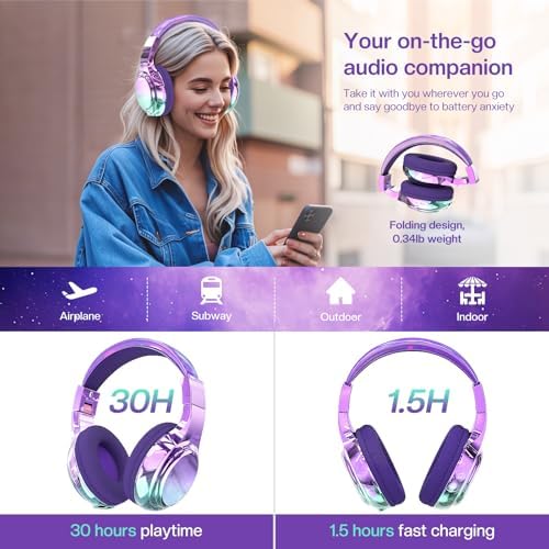 Qear Fun Kids Bluetooth 5.3 Headphones – Ultra-Lightweight Foldable Wireless Headset with Rapid Charging and Integrated Microphone for Seamless School and Travel Listening – Trendy Metallic Gradient Finish for Young Music Lovers – Perfectly Compatible with Tablets and i Pads – Superior Comfort and Sound Quality for Young Listeners