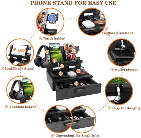 Gifts for Men Women Husband Son Boyfriend Him Nightstand Organizer Wood Phone Docking Station Birthday Gifts (Walnut) – Enhanced Compatibility and Speed