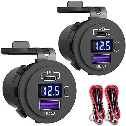 Qidoe Ultimate 2 Pack USB C Car Charger – PD3.0 20 W & QC3.0 18 W Dual Port with LED Voltmeter and Energy-Saving ON/Off Switch for Boats, RVs, Trucks, Golf Carts, and Motorcycles – Fast Charging & Enhanced Device Compatibility for Seamless Travel