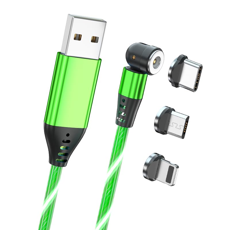 Versatile 3-in-1 Luminous Magnetic USB Charging Cable – Reflex Power 2 Pack, 1 M Length, 540° Rotating Design, Fast 2.4 A Charge, Durable TPE Build, Compatible with i Phone/i Pad, Micro USB & Type-C Devices, Green LED Glow for Easy Visibility in Low Light, Enhanced Durability for Everyday Use