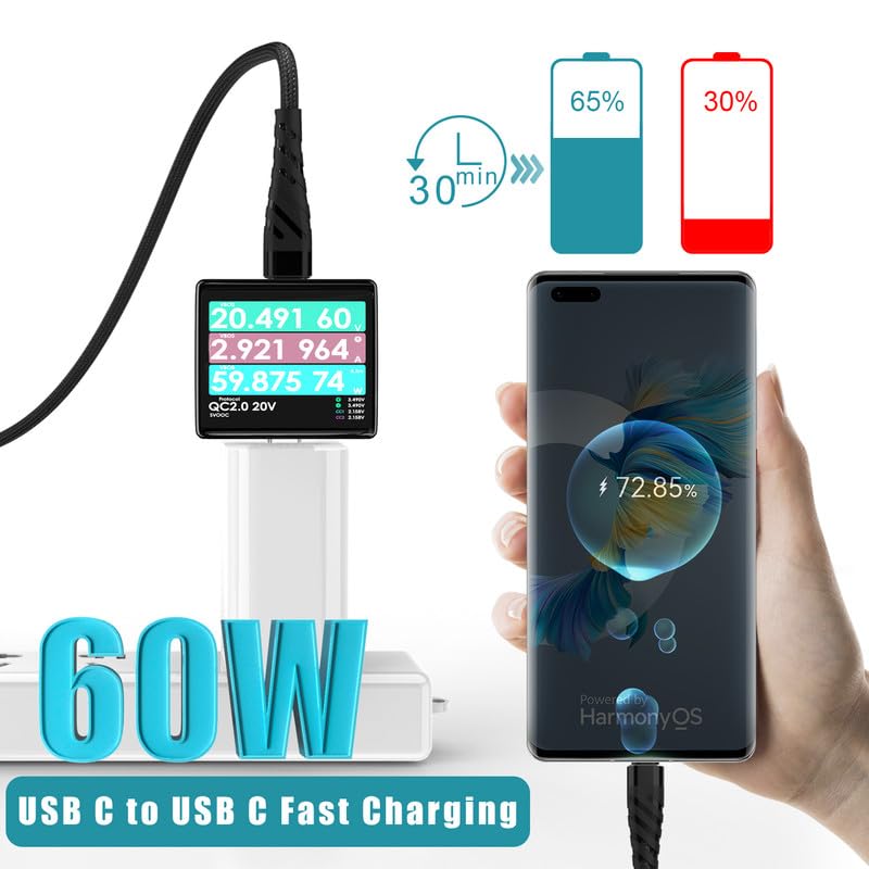 60 W Fast Charging USB C to USB C Cable – 10 FT Durable Braided Charger Cord for i Phone 16/15, Samsung, Android, Huawei, Google, Mac Book & More – Unmatched Compatibility & High-Speed Data Transfer