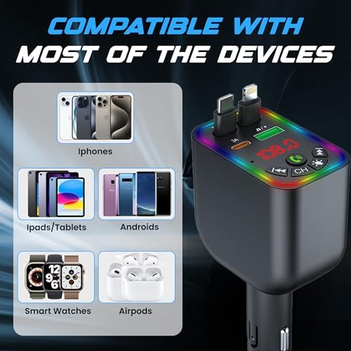 Advanced Bluetooth 5.3 Car FM Transmitter with 120 W Power Output, Retractable 80 cm Cables, Digital Display, Noise-Canceling Hands-Free Calling & Dual Device Charging for Ultimate Road Convenience and Safety