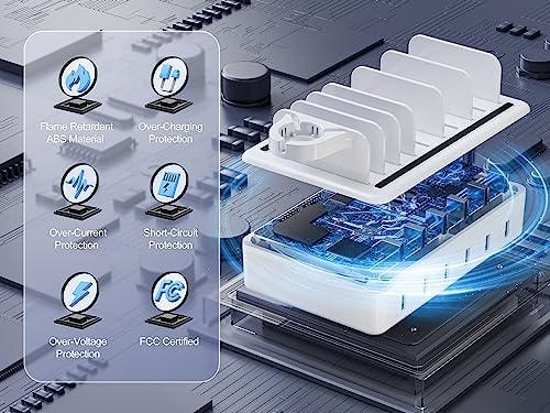Ultimate 6-in-1 Multi-Device Charging Station – 50 W Fast Charging Dock with Universal Compatibility for i Phone, i Pad, Smartphones & Tablets – Sleek Organizer with Mixed Cables for Efficient Power Delivery and Clutter-Free Workspace