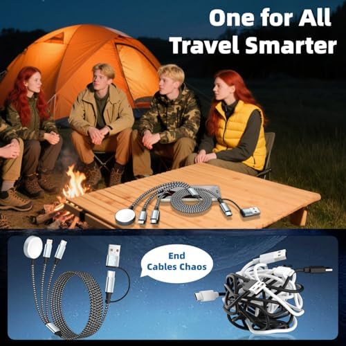 Universal 3-in-2 Travel Charging Cable for Apple Watch and Smartphones – 5 FT High-Speed Dual-Device USB-A/USB-C Charger for i Phone 16/15/14 & Android – Lightweight, Durable Solution for On-the-Go Power Management