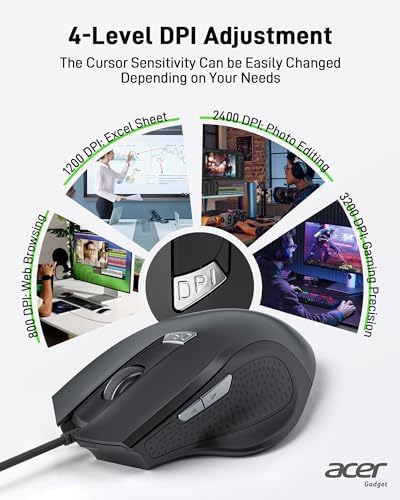 Acer Wired Mouse with 4 Customizable DPI Settings – Ergonomic USB Computer Mouse with 6 Buttons, 5-Foot Durable Cord – Perfect for Laptops, i Macs, and PCs – Superior Precision for Gaming and Daily Use