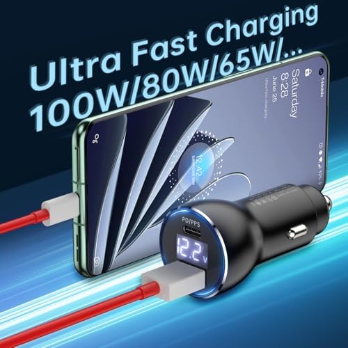 Ultra-Fast Dual Port One Plus Car Charger – 100 W PD Adapter with 2 Durable Cables for One Plus 13, 12, and More – Universal Compatibility with Samsung & i Phone – Compact Travel Essential for Rapid Charging on the Go – Built-in Safety Features for Overheating Protection