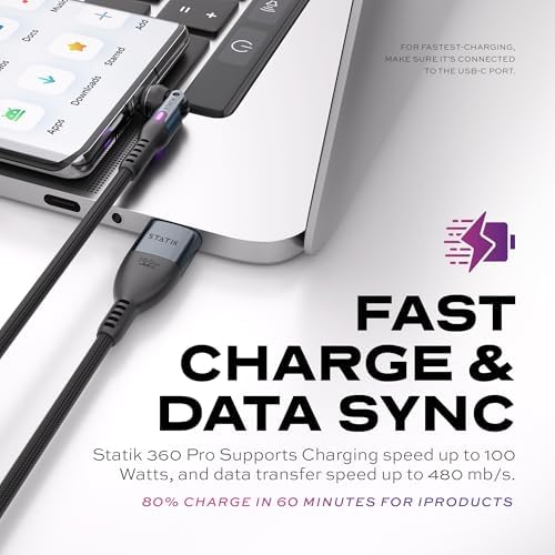 Upgrade Your Power Experience with the Statik 360 Pro Magnetic Charging Cable – Ultimate 3-in-1 Solution for USB C, Micro USB & USB A Devices, 100 W Fast Charging Technology, Sturdy Black Design, 3 ft Length for Maximum Portability and Comprehensive Compatibility with Smartphones, Tablets & Laptops