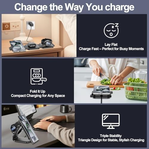 Compact 3-in-1 Foldable Wireless Charging Hub for Samsung Devices – Ultimate Travel Solution for Galaxy S25 Ultra, S24, Z Flip 6/5, Watch 7, and Buds Pro3 – Safe, Sleek, and Efficient Docking Station for All Your Charging Needs – Ideal for Home, Office, and On-the-Go Power Management – Space-Saving Design with Advanced Safety Features – Includes USB Type-C Cable and 18 W Power Adapter – Elevate Your Charging Experience with This Versatile, Multi-Device Station