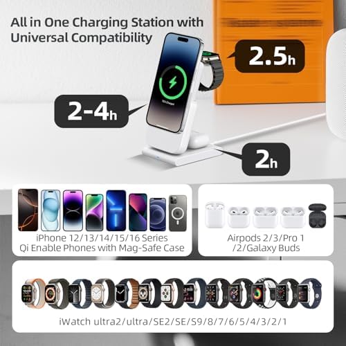 DDUAN 3-in-1 Wireless Charging Station for i Phone and Apple Watch – Foldable 5000 m Ah Magnetic Power Bank with Fast USB-C Charging for i Phone 16/15/14/13/12 Series – Sleek, Portable Design for Home and Travel