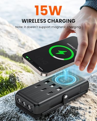 Ultimate SOARAISE 25000 m Ah Solar Power Bank: Fast Wireless Charging with Built-in Cables, Dual USB Outputs, 4 Solar Panels & Triple LED Flashlights for Outdoor Adventures – Reliable Portable Charger for Camping & Emergencies