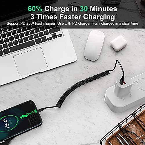 Retractable USB-C to Lightning Charging Cable – MFi Certified Coiled Charger for i Phone 14, 13, 12, 11 Pro Max, XR, XS, X, 8, 7, 6 Plus, 5, SE – Fast Charging, Tangle-Free Design for Ultimate Portability and Efficiency