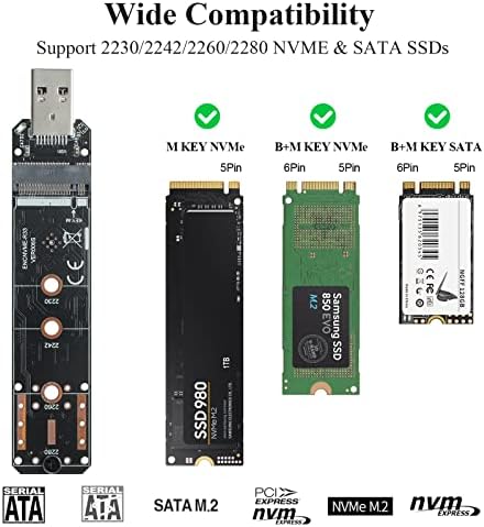 Ultra-Fast SATA M.2 SSD to USB 3.2 Adapter – Dual Protocol NVMe M-Key & B+M Key Support for 2230/2242/2260/2280 SSDs | 10 Gbps Data Transfer Speeds | UASP Enabled for Optimal Performance and Reliability | Compact, Portable Design for Effortless Data Access and Backup Solutions