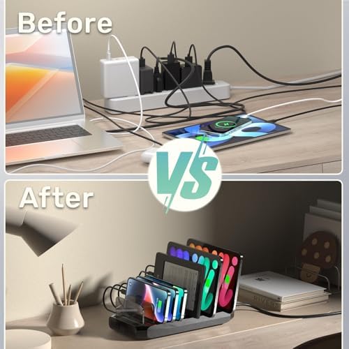 Ultimate 10-Port USB Charging Station with QC3.0 – 60 W Multi Charger Hub for Tablets & Smartphones, Customizable Dividers for Organized Power Management, Fast Charging Technology for Home & Office Use