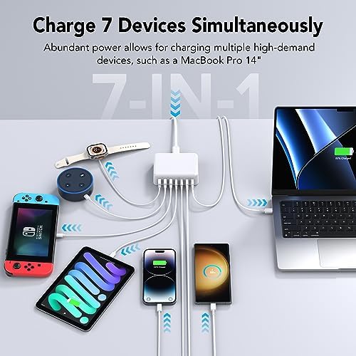 180 W Ga N USB-C Multi-Device Charging Hub – 7-Port Rapid Power Delivery Station for Mac Book Pro, i Pad Pro, i Phone 15/14/13/12, Galaxy S23 & Note 20 – Compact Power Solution for Tech Enthusiasts and Mobile Professionals