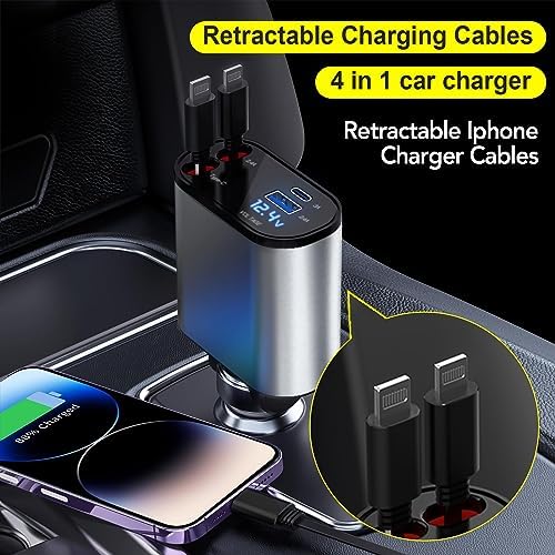 Ultimate 4-in-1 Retractable Car Charger with Dual USB Lightning Ports – 60 W Fast Charging Solution for i Phone 11-16, Tangle-Free 2.6 Ft Cables, Compact Design for Effortless On-the-Go Power Management