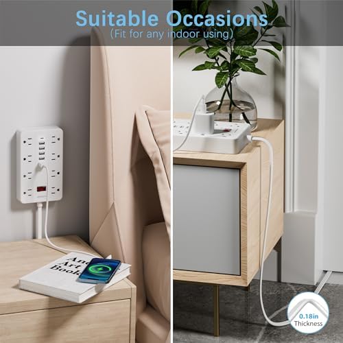 HUNIAN 5 Ft Flat Plug Power Strip with 8 Outlets and 6 USB Ports, Including USB-C Charger – Ultimate Surge Protector for Efficient Home and Office Charging Solutions, Compact Design for Desk and Travel Use, Black