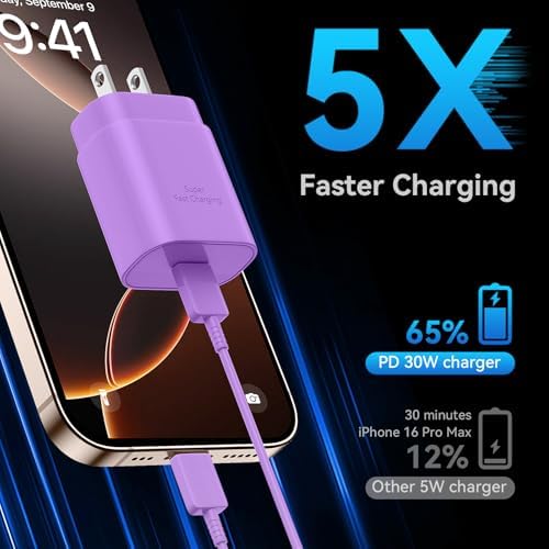 Auorld 30 W USB-C Fast Charger with 10 FT Cable – High-Performance Rapid Charging for i Phone 15/16, i Pad, Samsung Galaxy & Google Pixel – Stylish Purple Design for Maximum Flexibility and Compatibility on the Go