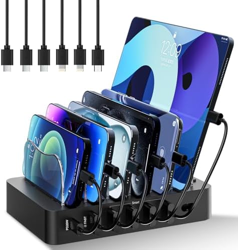 68 W Multi-Device Charging Station: 6-Port USB Dock with 20 W Fast Charging for i Phone, i Pad, and More – Sleek White Design with Included Cables for Ultimate Convenience and Efficiency