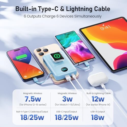 Revolutionary Magnetic Portable Charger for i Phone – 6-in-1 Power Bank with 10,800 m Ah Capacity, Built-in Cables, Apple Watch Charger, and LCD Display – 25 W PD Fast Charging for i Phone 16/15/14/13/12 and Mag Safe Compatibility – Ultimate On-the-Go Charging Solution