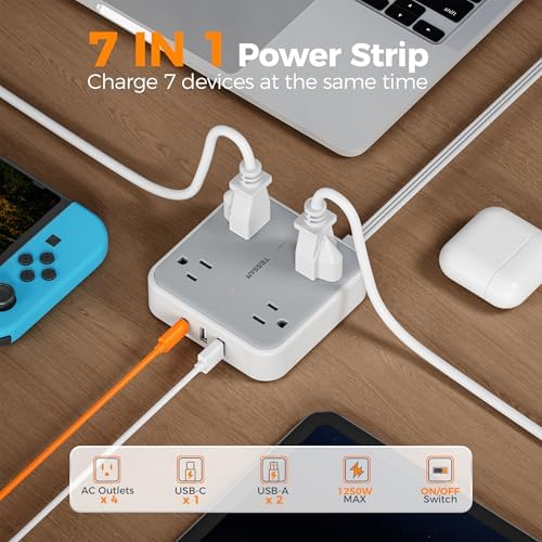 TESSAN 5 FT Flat Extension Cord Surge Protector – 4 Outlet Power Strip with 3 USB C Ports (1 USB C) for Fast Charging, 900 Joules Electronics Protection, Space-Saving Design for Home, Office, and Dorm Use, Enhanced Compatibility and Efficiency