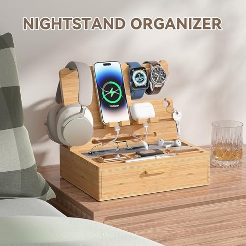 Pezin & Hulin Wooden Charging Station, Bedside Nightstand Tray, with Spacious Drawer, Felt Pads for Phones, Watch, Idea Gifts for Him Birthday, Son, Christmas for Papa Fathers Day – Enhanced Compatibility and Speed