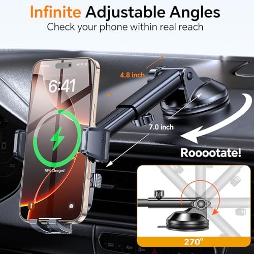 Kaistyle Advanced Wireless Car Charger Mount with Enhanced Suction & Clip System – Fast Qi Charging Holder for i Phone 16/15/14/13 Pro Max & Samsung Smartphones – Ultimate Stability & Accessibility for All Qi-Enabled Devices – Safe Hands-Free Operation for Streamlined Driving Experience