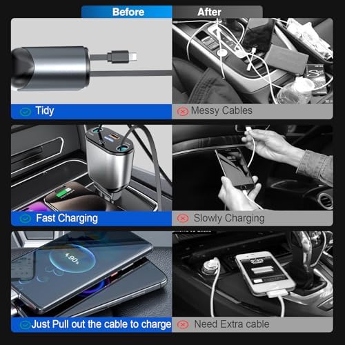 Magjieyx 62 W Retractable Car Charger: 4-in-1 Fast Charging Adapter for Ultimate On-the-Go Power – Compatible with i Phone 16/15/14/13/12 Pro Max Plus, i Pad, Air Pods, Galaxy – Quick Charge & Power Delivery Enabled for Rapid Device Charging – Tangle-Free Convenience for Commuters and Travelers