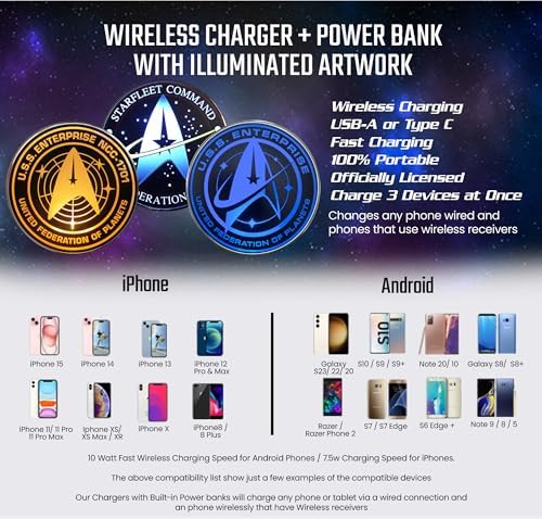 Star Trek Illuminating Wireless Charger & Backup Battery Pack – Sci-Fi Inspired Portable Phone Charger with Light-Up Transporter Pad Logo for Enhanced Compatibility and Fast Charging – Ultimate Gift for Star Trek Fans and Tech Enthusiasts