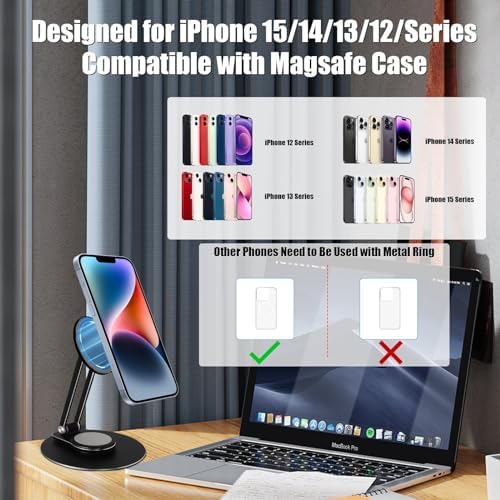 Magnetic Phone Stand for Desk, 360° Rotatable Foldable Magnetic Phone Holder Stand, Height&Tilt Adjiustable, Non Slip Base Magsafe Phone Holder for iPhone 15/14/13/12 Series/Magsafe Case (Silver) – Enhanced Compatibility and Speed