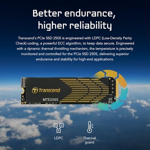 Elevate Your Computing Experience with the Transcend 256 GB M.2 2280 SSD – Achieve Lightning-Fast Speeds of Up to 1,600 MB/s for Seamless Gaming and Multitasking, Featuring PCIe NVMe Gen3 x4 Compatibility, 3 D TLC NAND Technology for Enhanced Durability, and Intelligent LDPC Error Correction for Unmatched Data Integrity. Perfect Upgrade for Ultrabooks, Laptops, and Desktops!