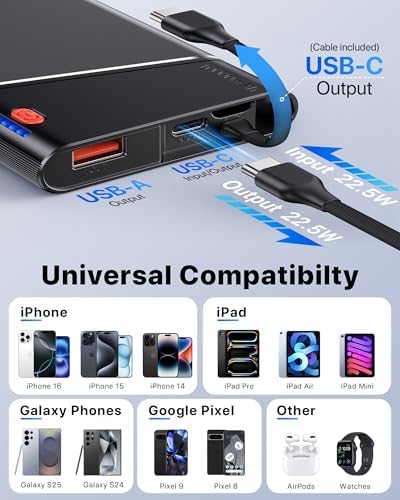 Ultra-Slim 10000 m Ah Power Bank with 22.5 W PD Fast Charging – Built-in USB-C Cable for i Phone 16/15/14, Samsung S24 & More – Lightweight Travel Essential with 15-Layer Safety Protection & Multiple Device Charging Capability
